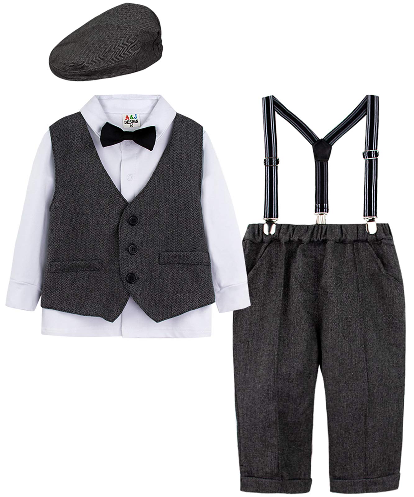 mintgreen Baby Boys Suits Sets, 4pcs Herringbone Tweed Christening Outfit Shirt + Waistcoat + Trousers + Suspenders + Hat, 1-3 Years