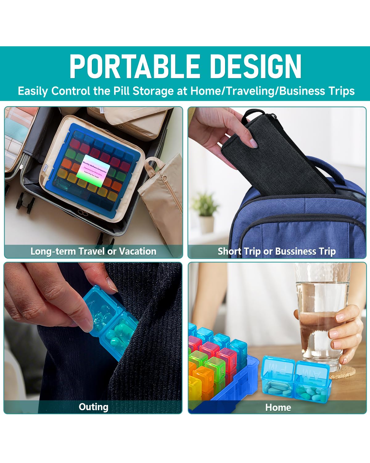 Pilulier mensuel 2 fois par jour, pilulier portable matin/après-midi avec sac de voyage hebdomadaire, organiseur de médicaments de grande capacité avec étiquettes, pilulier pour 30 jours et