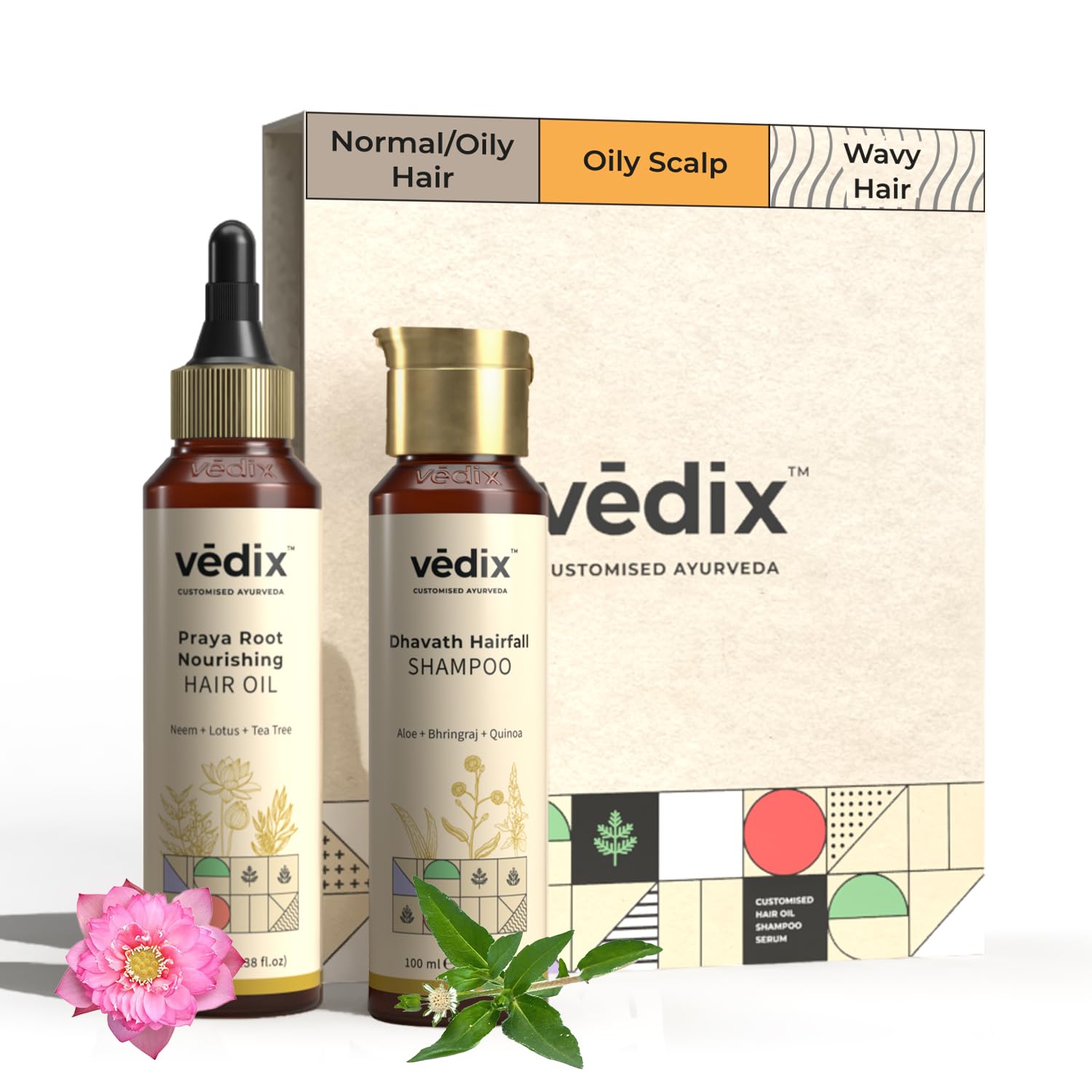 Vedix Ayurvedic Hair Care Combo Pack - Customized Anti-Fall Shampoo and Oil for Normal/Oily Scalp & Wavy-Curly Hair - 200 ml