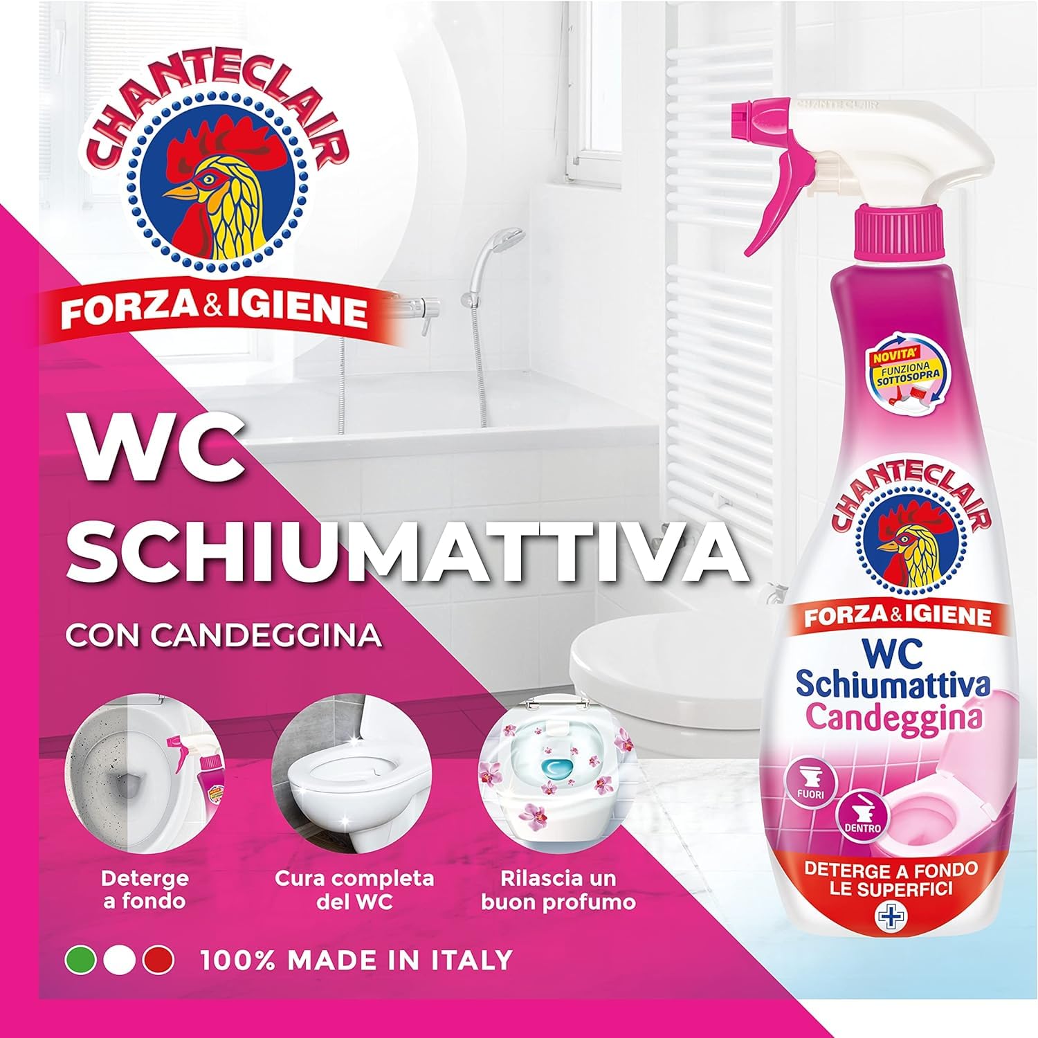 Chanteclair - Pack de prueba para inodoro Schiumattiva Candeggina + Disincrostante + Bagno - Limpiador de inodoro con detergente en espray de 625 ml + llavero Beni Culinari gratuito