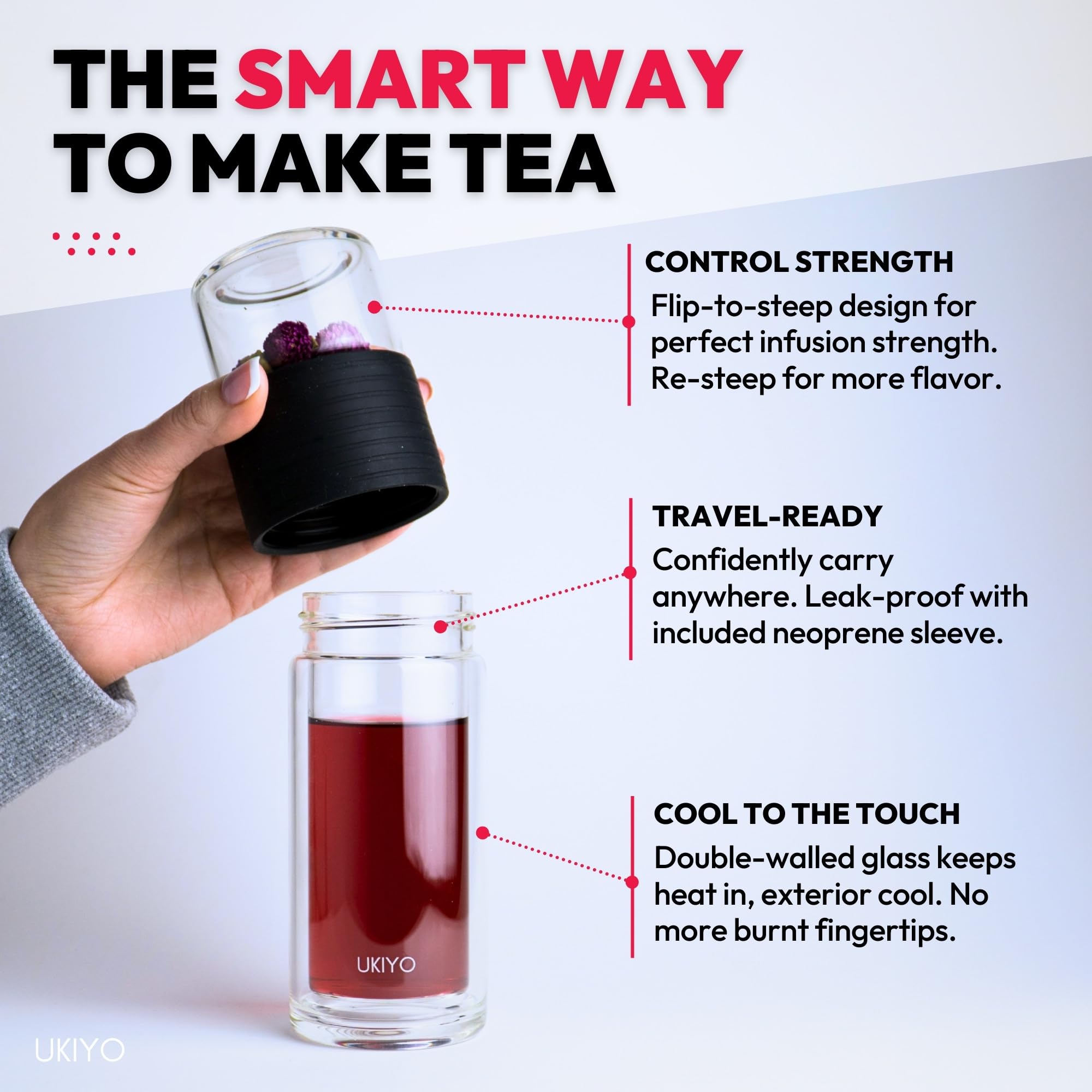 Ukiyo Sense Botella infusora de té y frutas de vidrio de doble pared, vaso de viaje con filtro de acero inoxidable y funda de neopreno