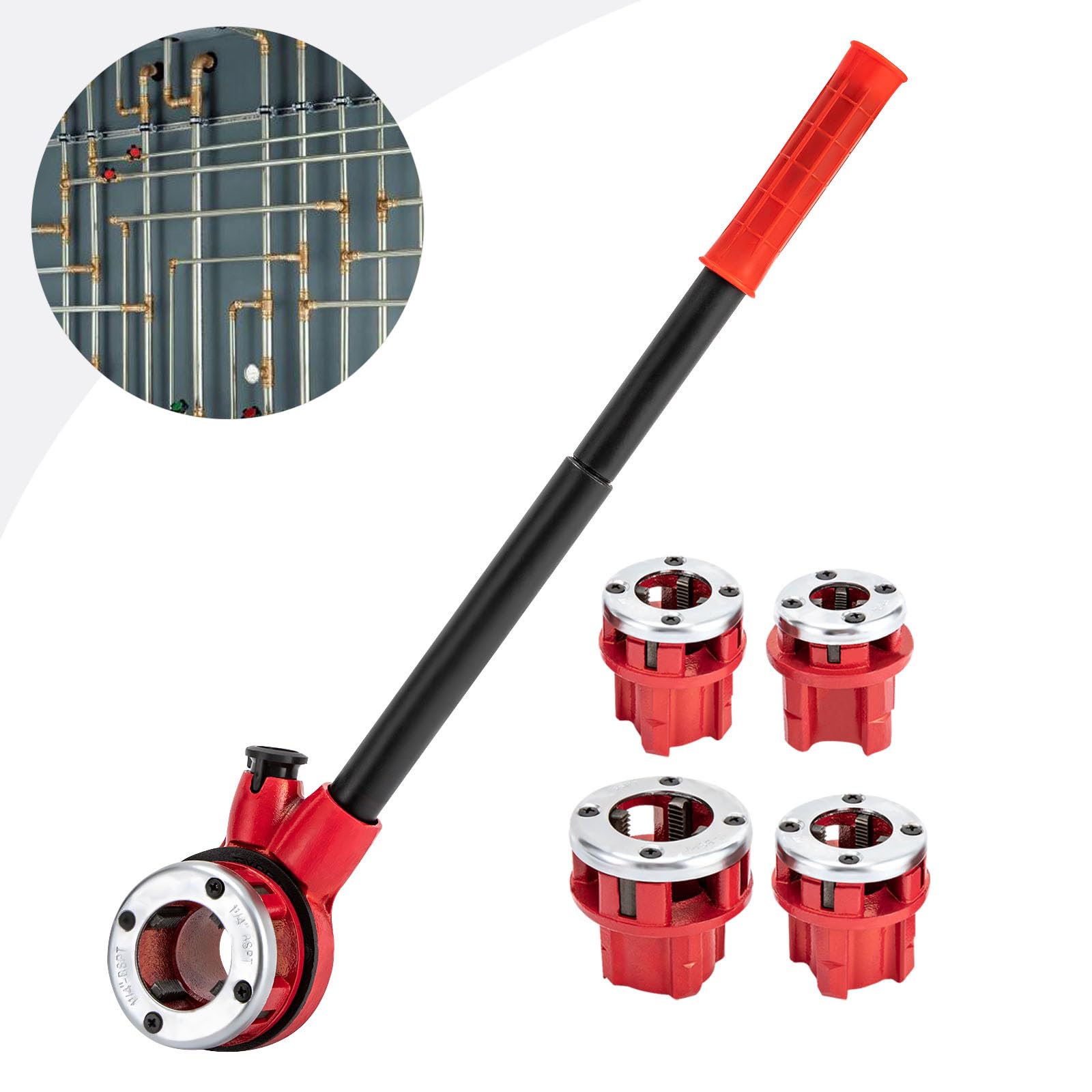 Set di filettature per tubi, 5 pezzi, 3/8" – 1 – 1/4" BSPT, set di filettatura manuale in acciaio al carbonio con cricchetto e valigia, bocchetta di taglio professionale per tubo dell'acqua e sanitari