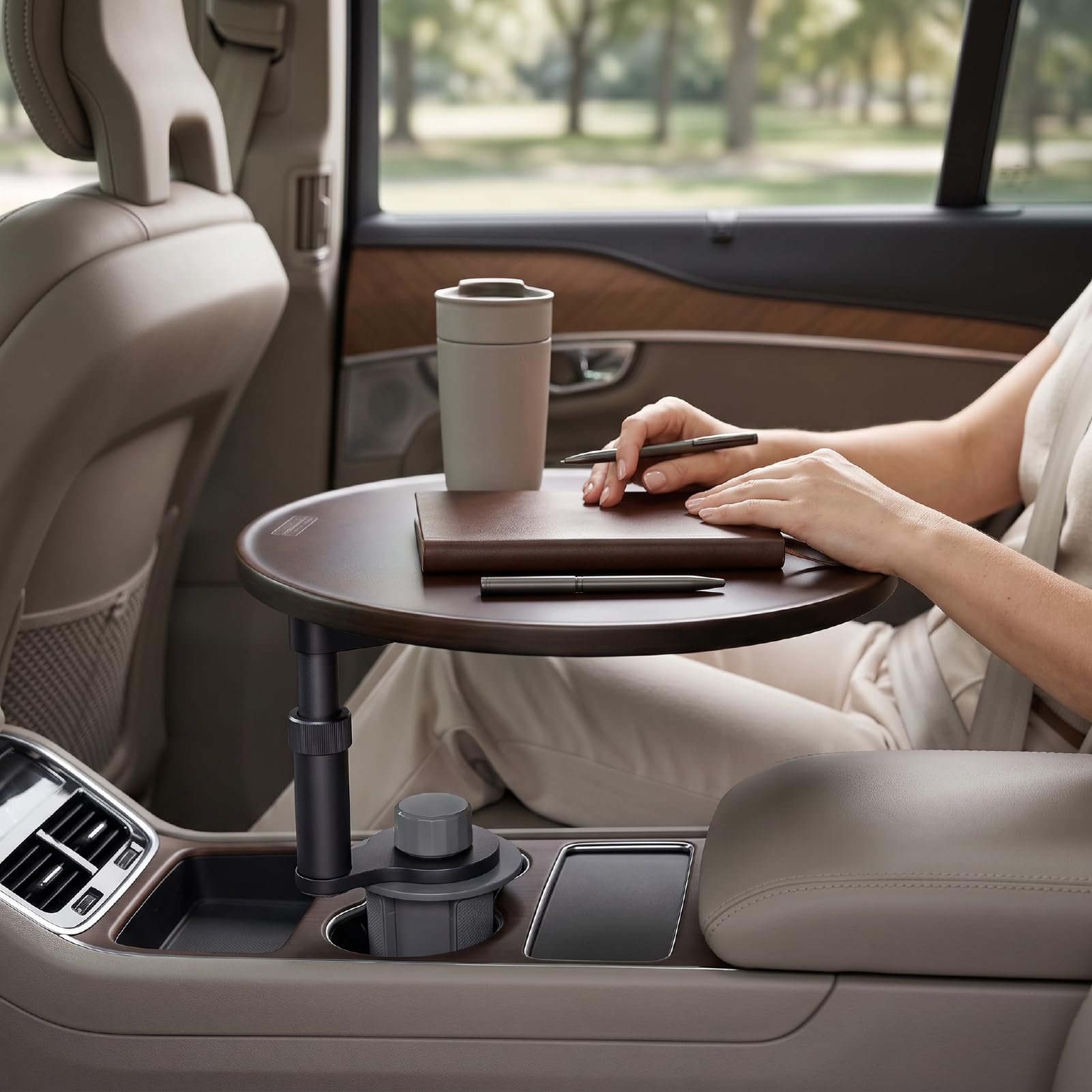 banapoy Tavolino Portabicchieri per Auto, Scrivania per Auto Girevole 360° per Mangiare Laptop Vassoio per Alimenti Legno, Scrivania Laptop, Rotondi 2,48-3,35", per Modello Y 3