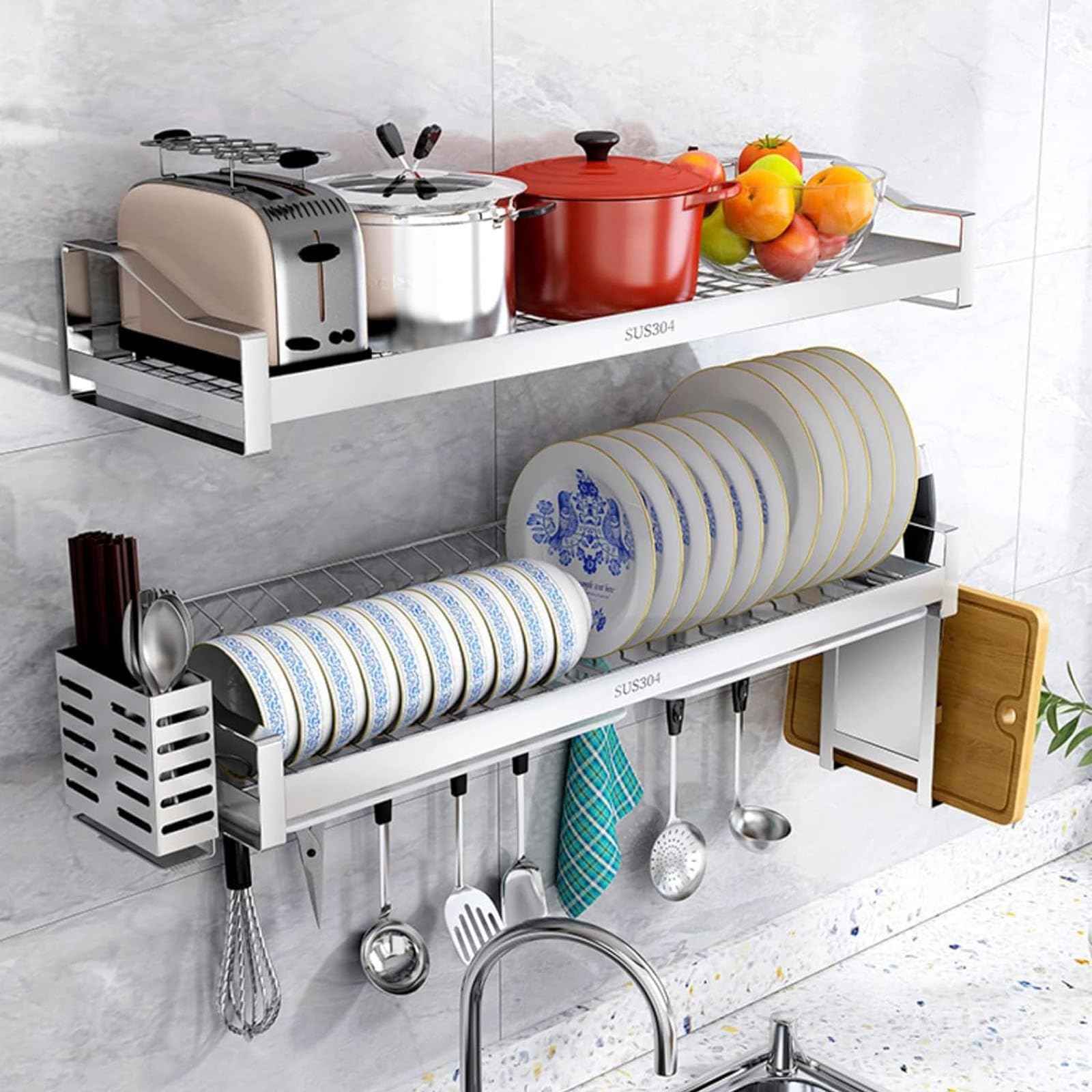 Escurreplatos Colgante, Escurreplatos De 2 Niveles sobre Fregadero Escurridor De Platos De Acero Inoxidable Montado En La Pared con Escurridor Y Jaula para Palillos Colgantes,60CM