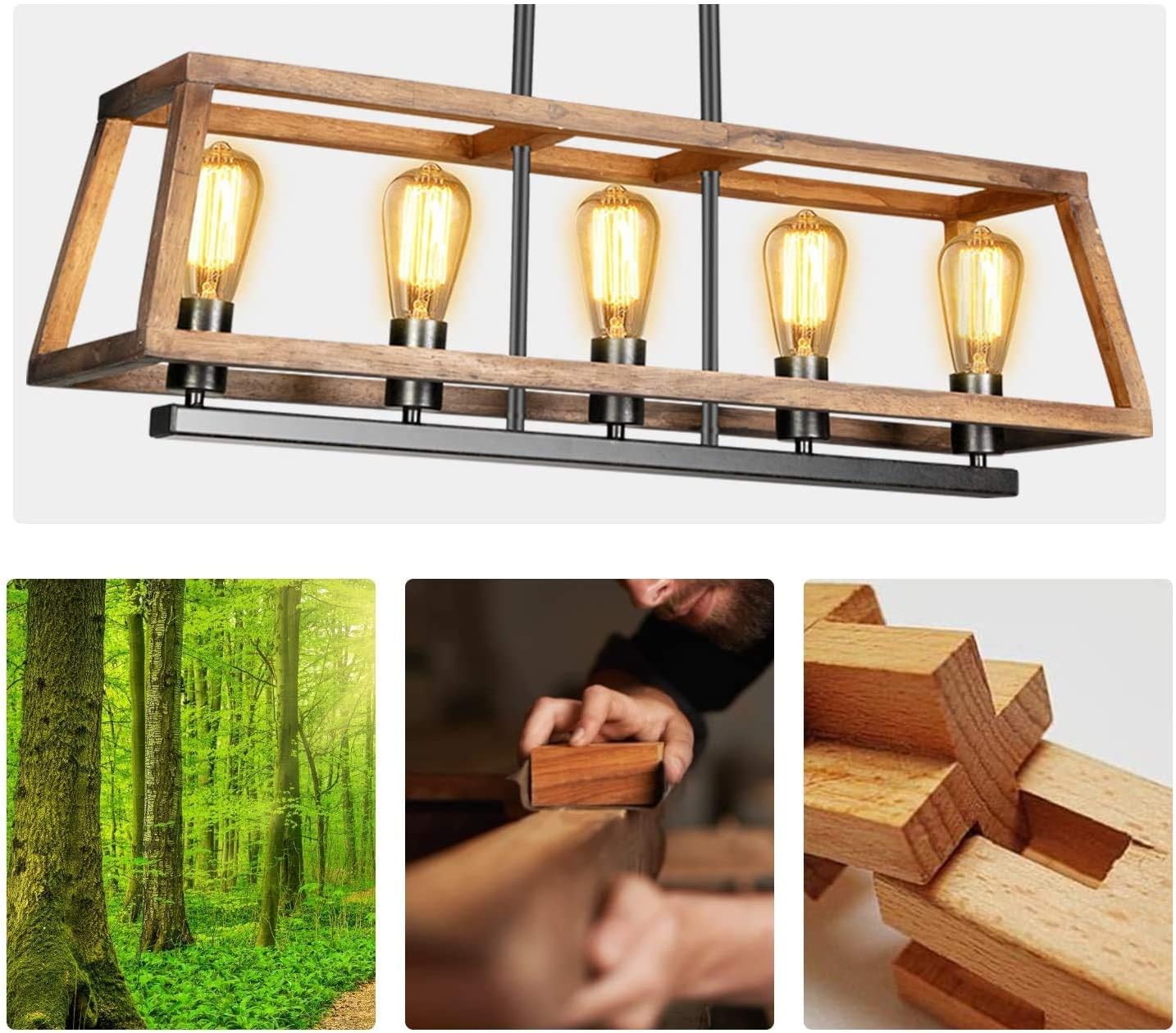 🔥 Cashback up to 70% Juyace Farmhouse Chandelier Light Fixture with 5 Lights，60W Metal Bracket Rustic Vintage Wooden Pendant Lighting for Kitchen Island