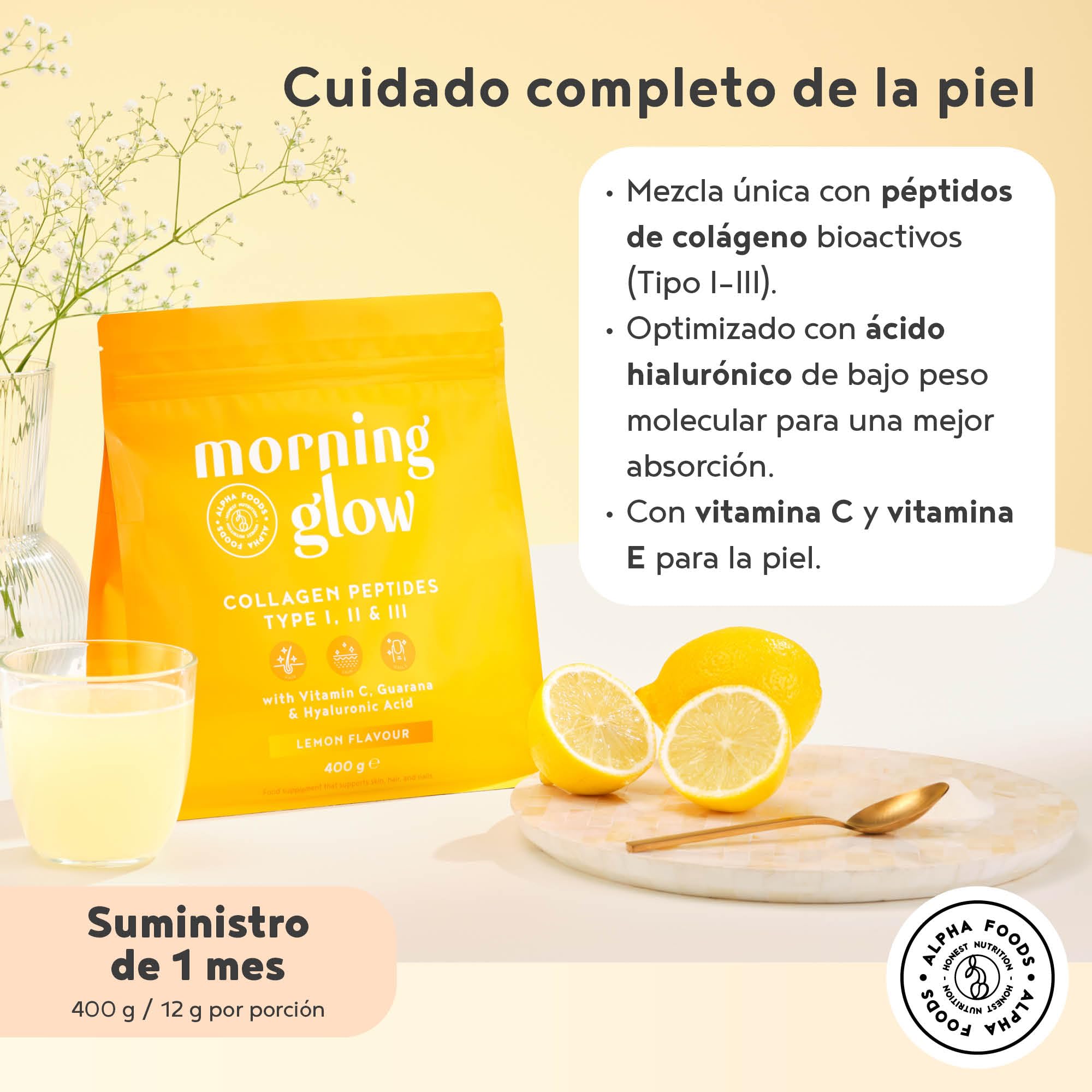 Colágeno en Polvo + Acido Hialuronico + Vitamina C 400g | Péptidos de Colageno Hidrolizado con Vitaminas C, E y Cafeína de Guaraná | para la Piel | Collagen Peptides | Sabor Limón | Alpha Foods