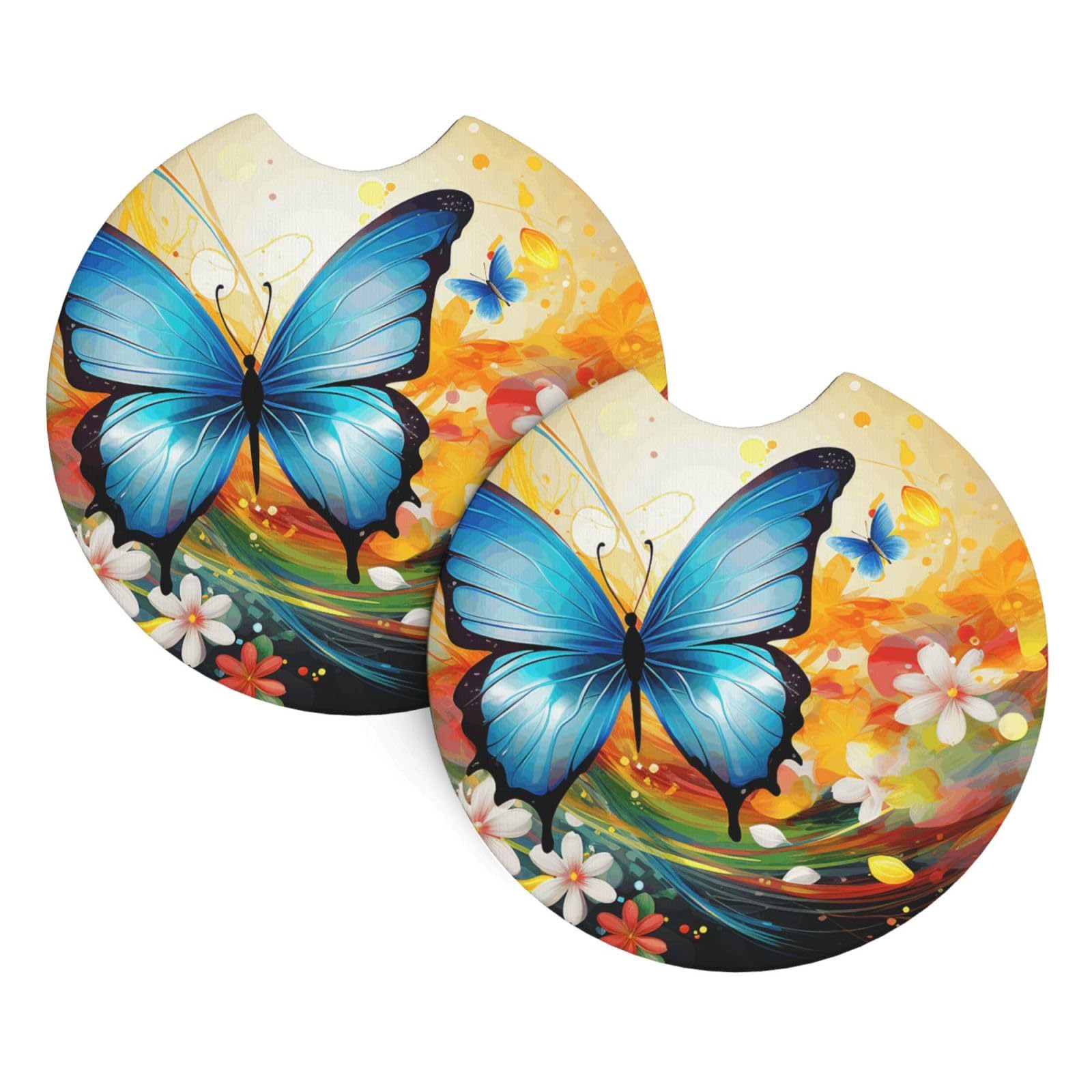 2PCS Car Coaster for Cup Holders Universal Auto Cup Mat Colorful with Butterfly Cup Coaster Pad 2.7" Waterproof Neoprene Non-Slip Cup Holder Coasters Car Interior Accessories for Women Men