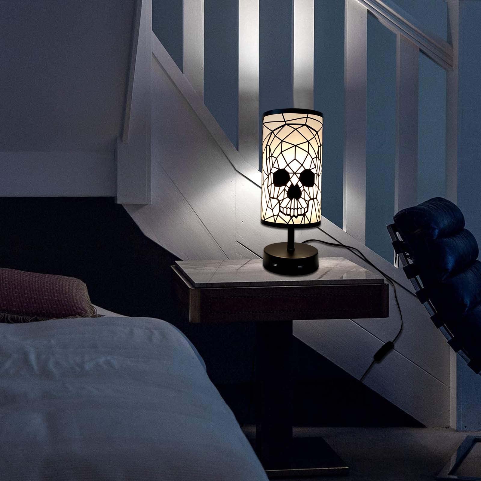 Lampada da Comodino Touch Dimmerabile con 2 Porte di Ricarica USB, 3 Livelli di Luminosità, Paralume a Teschio in Metallo, Design Industriale Retrò, Vintage E27 Lampada da Tavolo per Camera da Letto