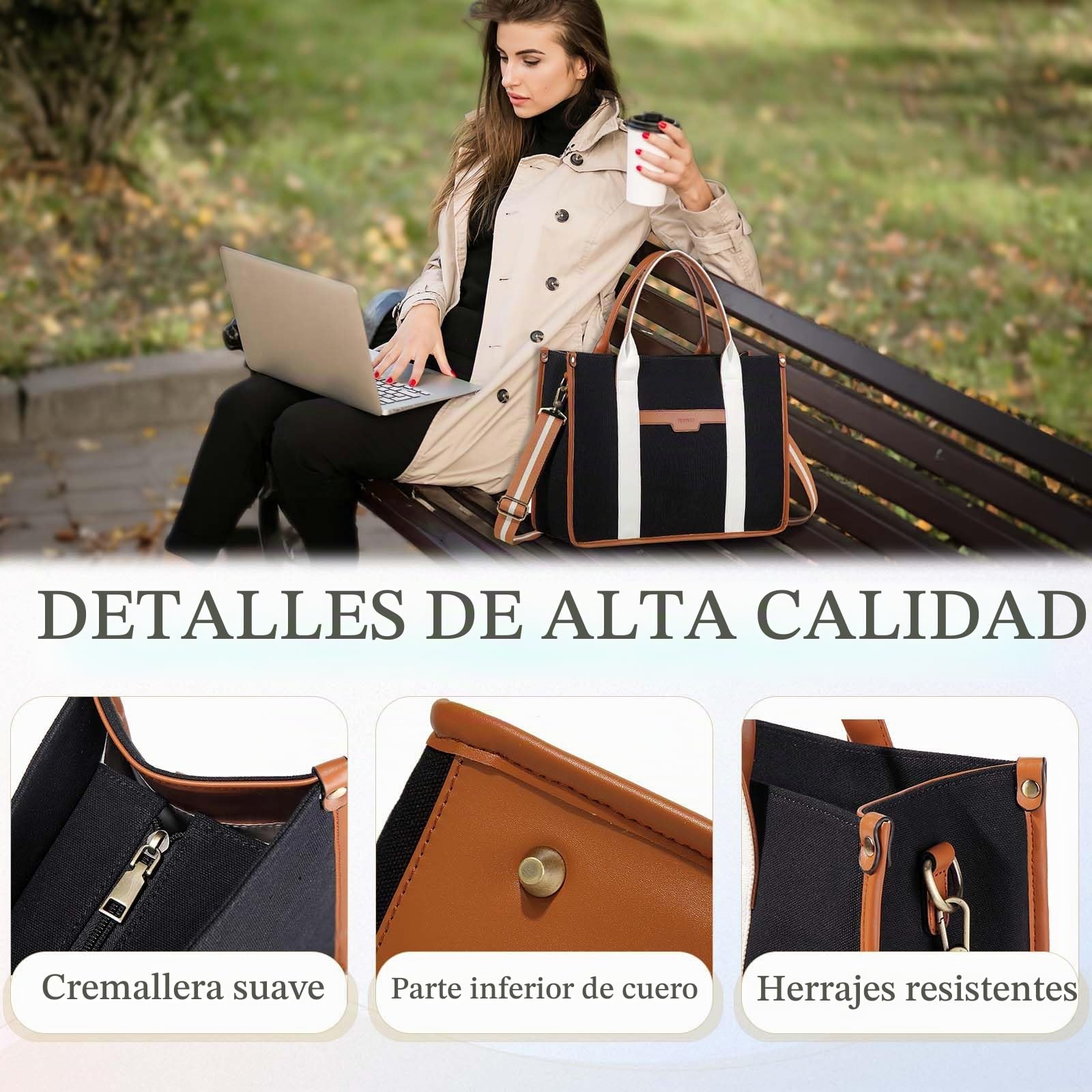 RAVUO Bolso Grande Mujer, Bolso Universidad para Portatil 15.6 Pulgadas Bolso Shopper in Tela Bolsa Tote para Oficina Trabajo