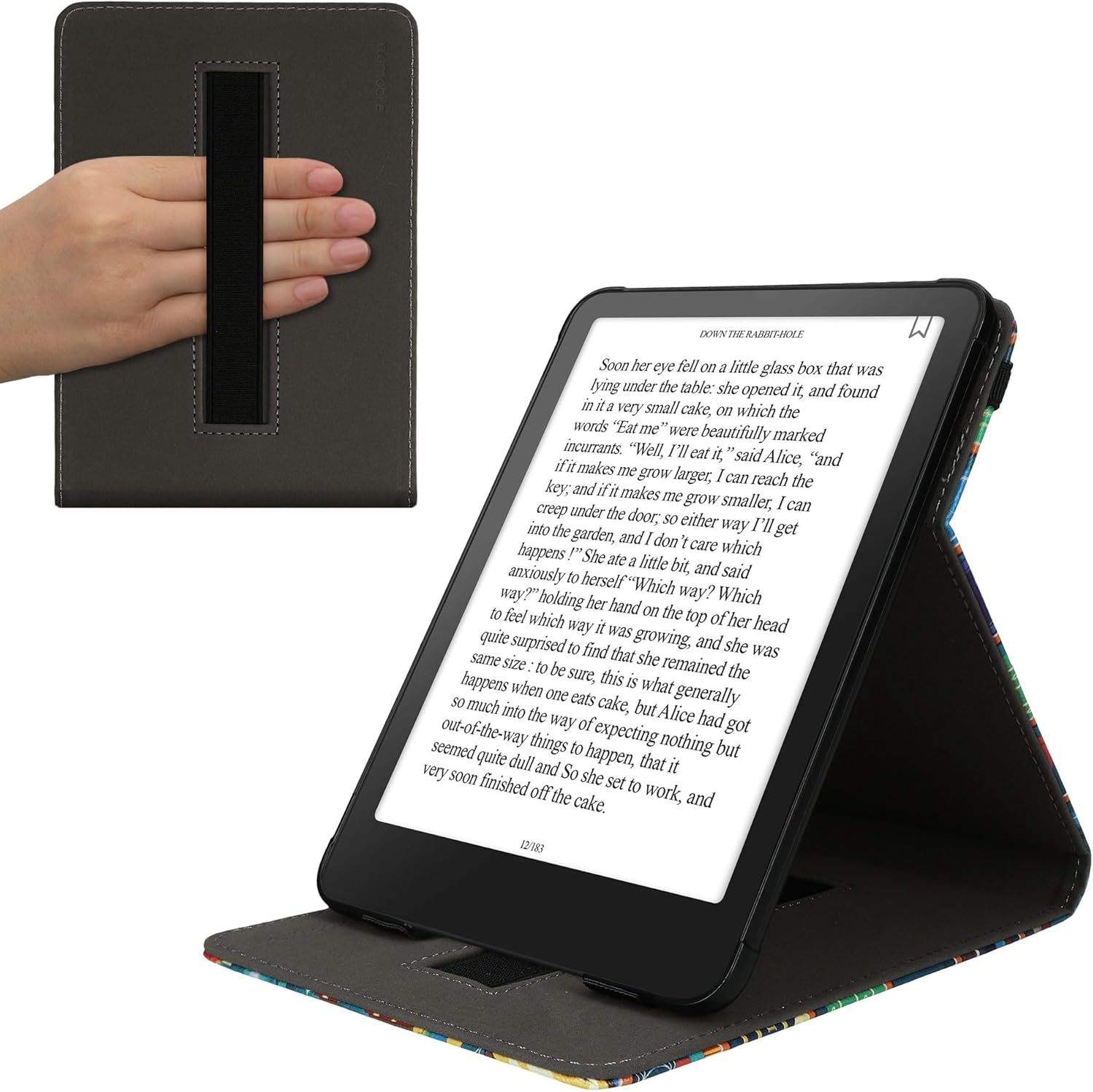 kwmobile Cover Compatible with Amazon Kindle Paperwhite (2024)/Colorsoft Case - Stand + Strap - Girl and Books Black/Beige
