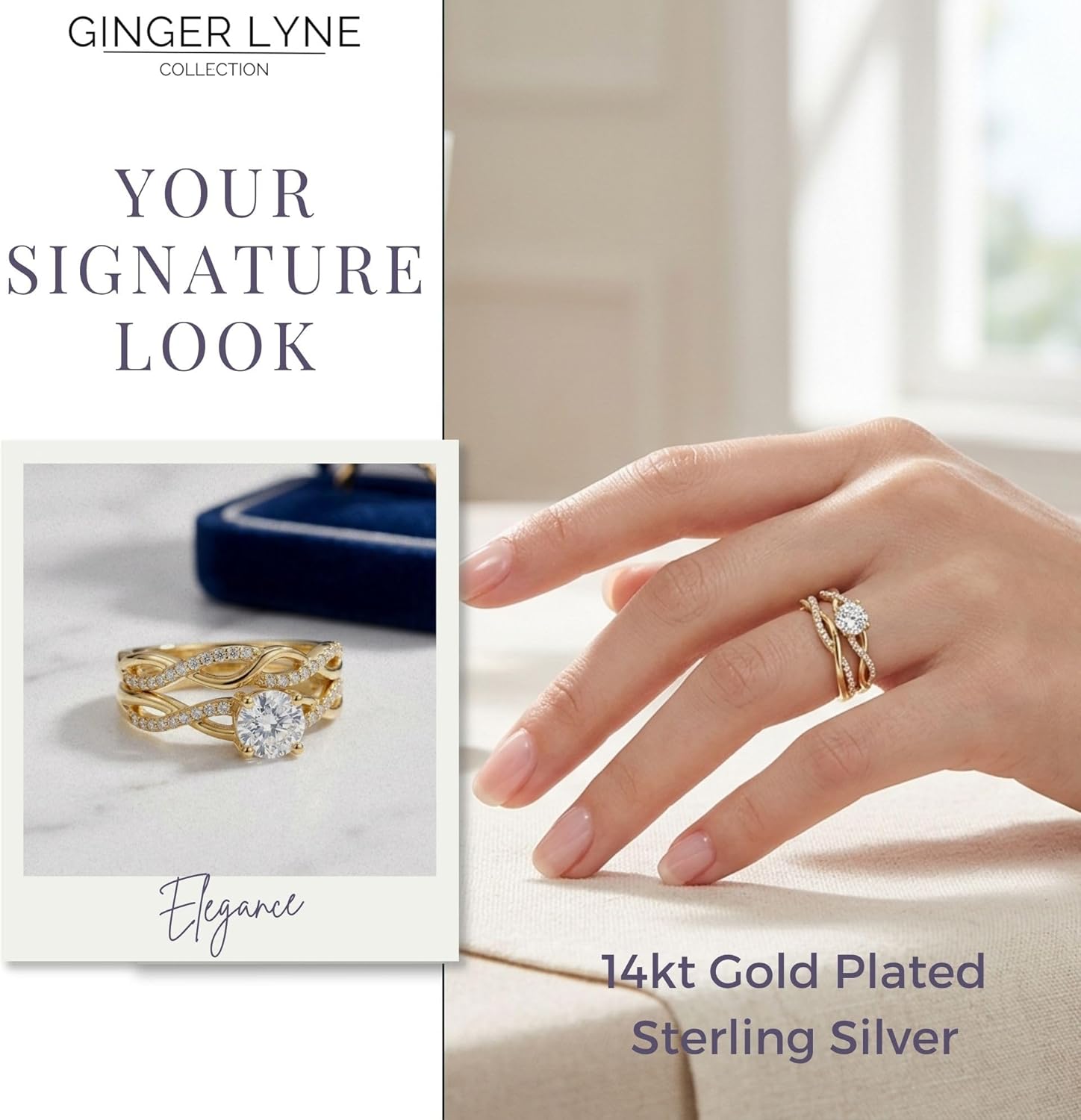 Queena Wedding Ring Set for Women by Ginger Lyne | Cubic Zirconia Sterling Silver Solitaire Engagement Ring and Matching Wedding Band Set for Ladies |Travel Decoy Jewelry or Promise for Her