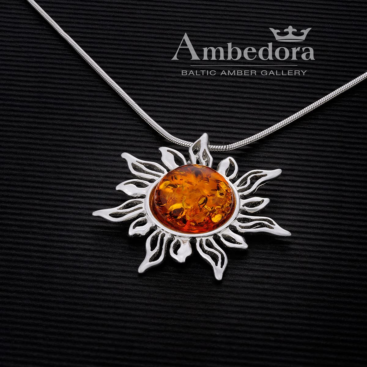 collana d'ambra da donna, argento 925, ciondolo a forma di sole d'ambra su catenina, set pronto da regalare