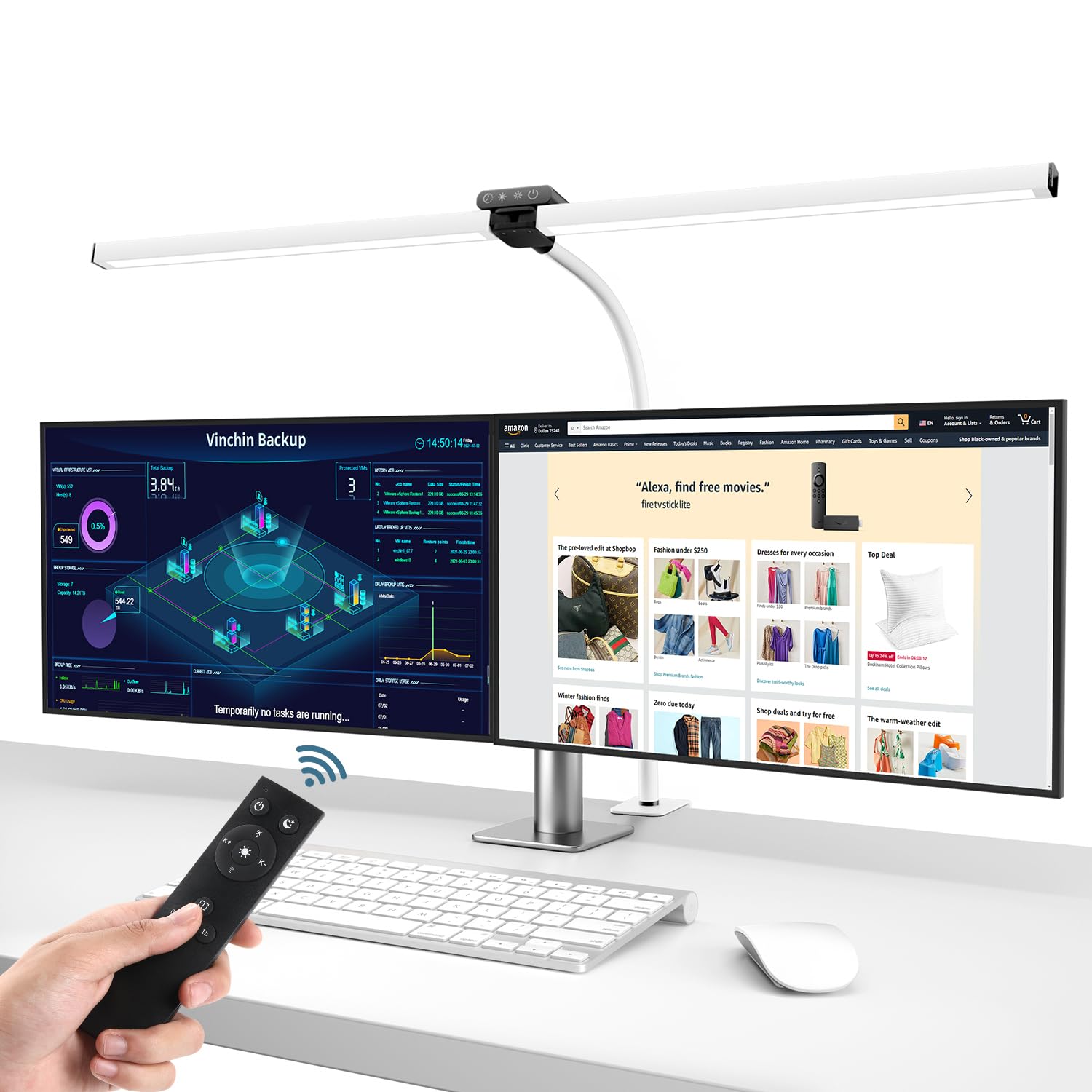 brightower Doppelkopf Schreibtischlampe LED Dimmbar, 24W 80CM Schreibtischlampe klemmbar für Homeoffice, Tageslichtlampe mit Fernbedienungen, Schwanenhals Büro Tischlampe 5 Farbmodi Weiß