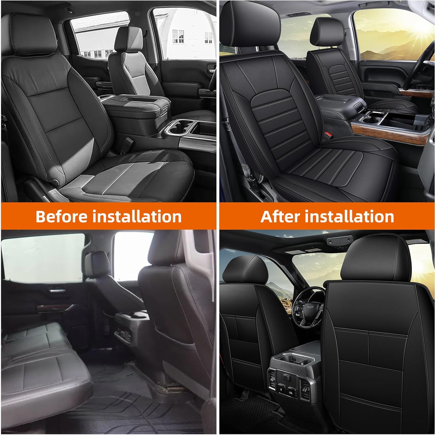 AOMSAZTO Front Seat Covers Custom Fit for Chevy Chevrolet Silverado GMC Sierra 2007-2025 2026 1500/2500/3500HD Trail Boss Z71 Crew Double Extended Cab Seat Covers Leather Waterproof (2 PCS, Black)