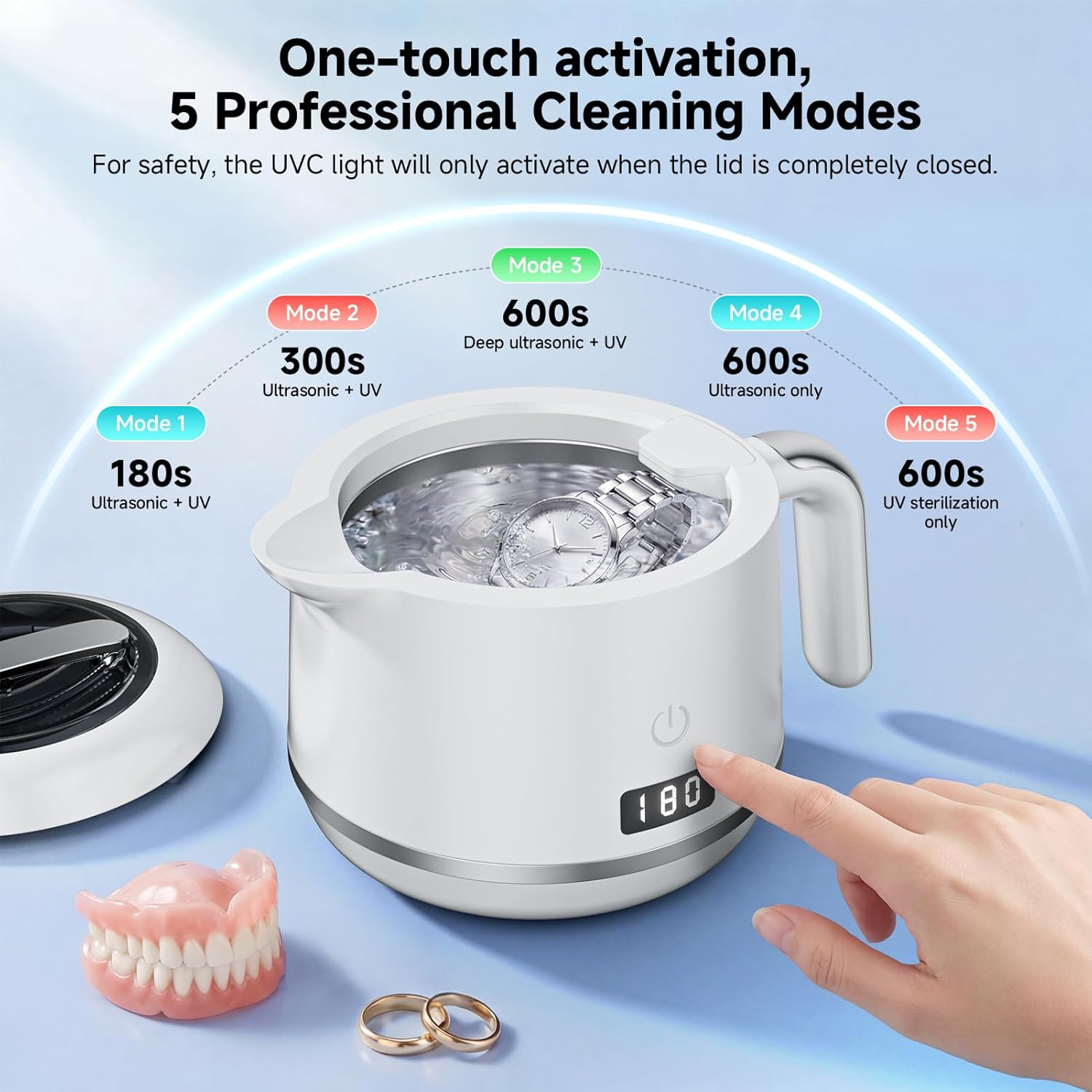 Ultrasonic Retainer Cleaner Machine, 45kHz Dental Cleaning Pod for Dentures, Mouth Guards, Braces, Aligners, Night Guard, Digital Timer, 5 Modes, 200ML Capacity, White