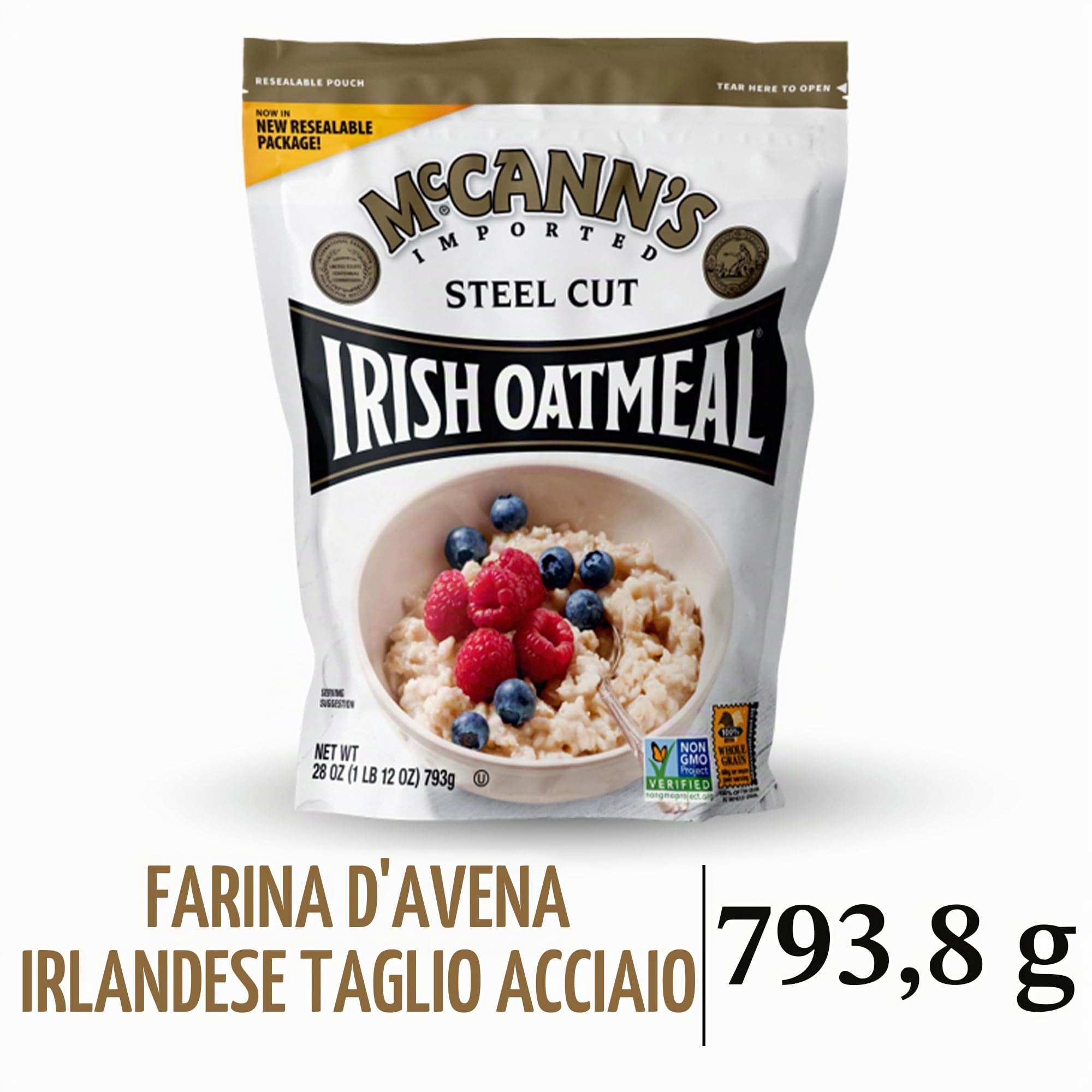 McCann's Farina d'avena irlandese, avena tradizionale tagliata in acciaio, sacchetto da 28 once