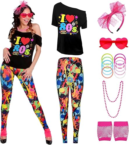 Traje de los años 80 para mujer, disfraces de los 80, camisas de los 80, leggings estampados con accesorios, disfraces de Halloween de los años 80