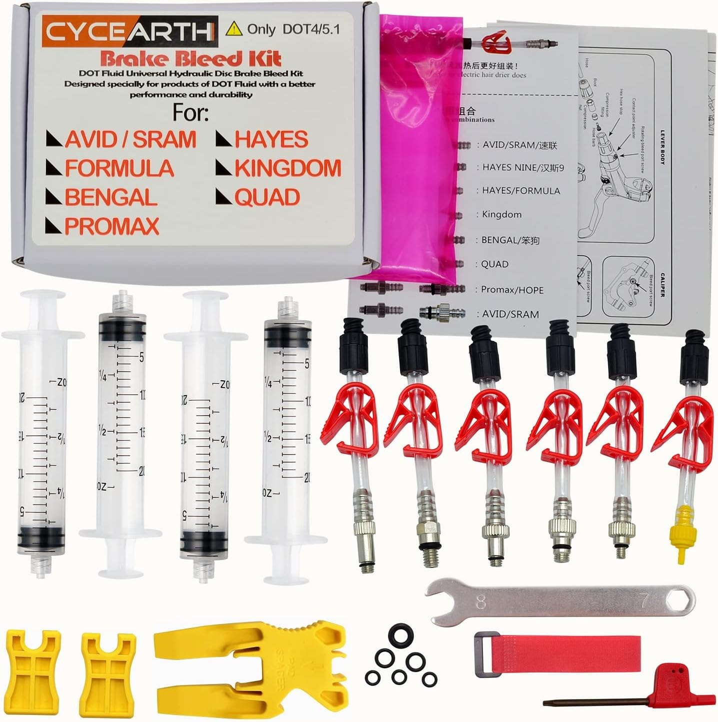 CYCEARTH Bicycle Brake DOT Oil Bleed Kit for Avid Sram Code5 Code R Juicy Ultimate Elixir Formula Hayes Bngal Hope Quad Hydraulic Disc Tools