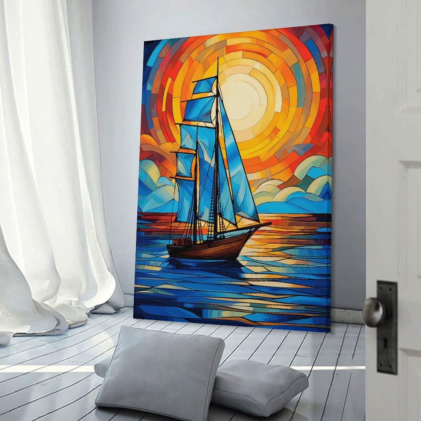 Junmoney Sailboat Stained Glass Wall Picture Print 24x36inch(60x90cm), for Apartment Walls, Studios Or Work Areas, A Simple Refresh for Blank Walls