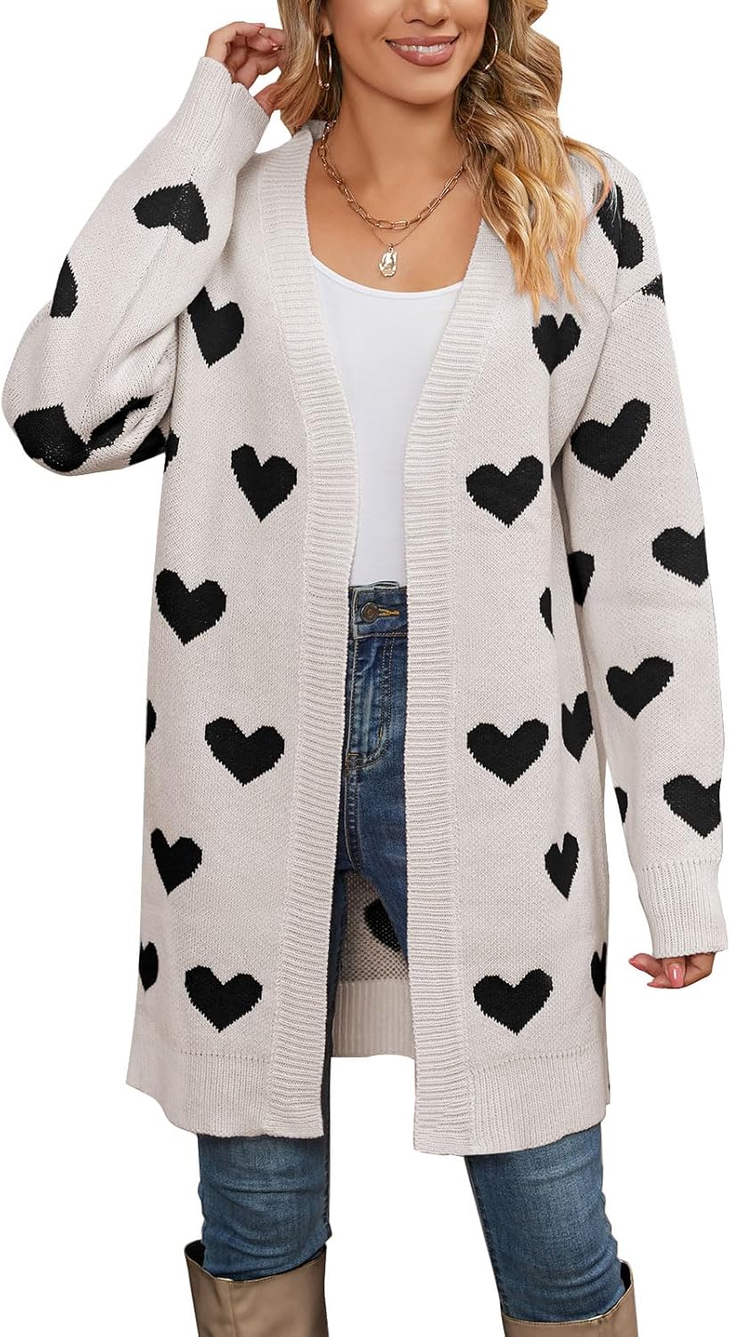 Alsol Lamesa Women's Long Sleeve Cute Cardigan Sweaters V Neck Open Front Ribbed Knit Heart Sweater Coat
