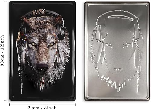 Miniatura 2 de Kercan Letreros de hojalata de lobo, letrero de escuchar música, animales feroces, caza, divertido, retro, letrero de arte de pared, letrero