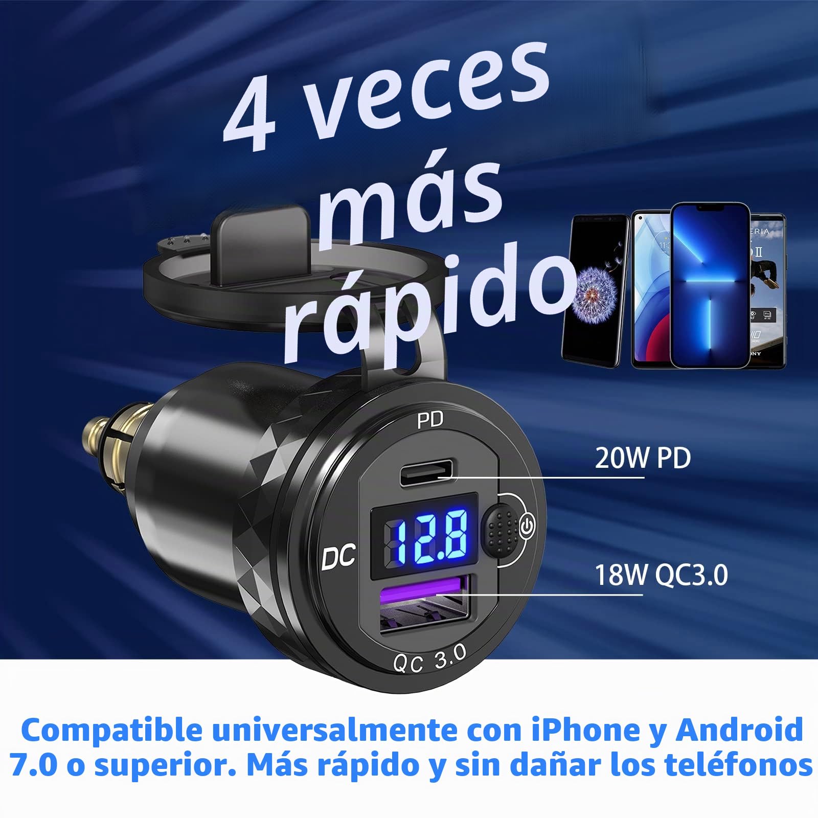 Qidoe Adaptador de Cargador USB Moto DIN: Enchufe USB Hella de Aluminio PD y QC3.0 con Pantalla LED Voltaje e Interruptor para 12V-24V Motocicletas Ducati, Triumph, BMW y Otras Motos Estilo Europeo