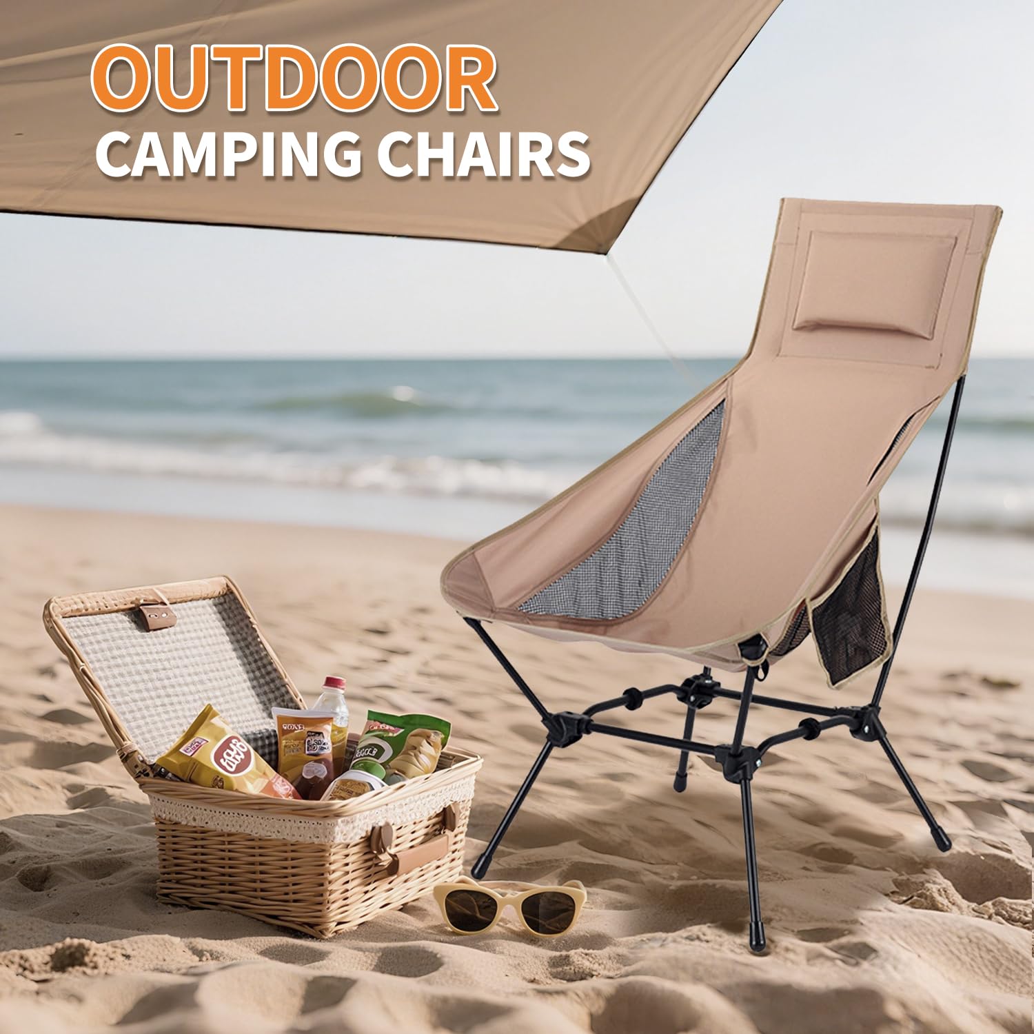 Sedie Campeggio Pieghevoli, Leggera Sedia da Campeggio, Sedia Pieghevole Portatile con Custodia Laterale,Max 150kg, Sedia Leggera per Campeggio, Pesca, Picnic, Festival (Cachi)