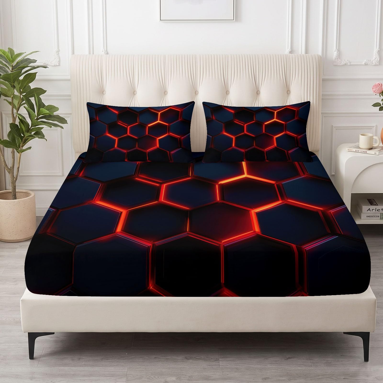 Juego de sábanas bajeras ajustables de 3 piezas, 180 x 200 cm, diseño de panal de abeja, hexágono luminoso, de microfibra 3D, geométrica, azul, hipoalergénica, hipoalergénica, para colchones de hasta