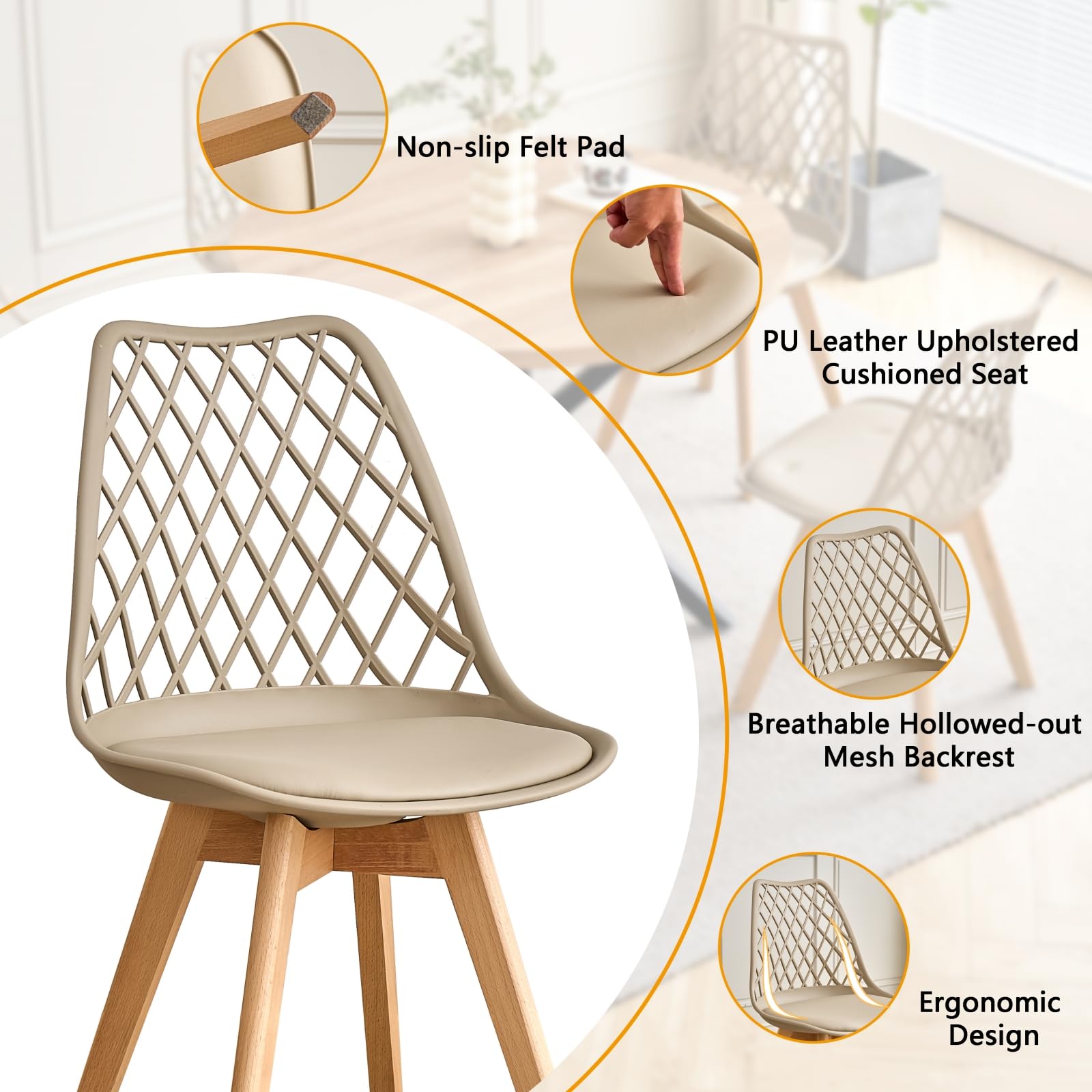 GrandCA HOME Lot de 6 Chaises de Salle à Manger, Chaises de Cuisine Modernes avec Assises en Cuir et Pieds en Hêtre, Idéales pour La Cuisine et La Salle à Manger - Kaki