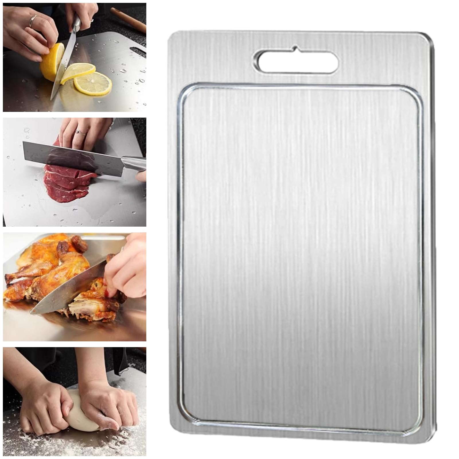 Stainless Steel Cutting Boards 14.2”×10” Chopping Board with Deep Juice Grooves & Handles,Food Grade Kitchen Cutting Board Suitable for Meat, Fruits,