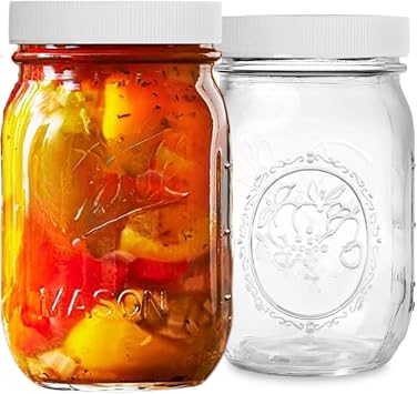 PR1M3 Regular Mouth Mason Jars 16 OZ 2 Pack Pint Size Jars with Airtight Lids and Bands & White Plastic Lids for Canning, Fermenting, Pickling, DIY Decors, Microwave & Dishwasher Safe.