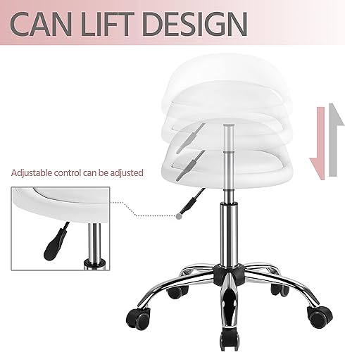 Miniatura 6 de Yaheetech Taburete giratorio ajustable con ruedas y soporte para la espalda, taburetes redondos de piel sintética para spa de masaje, color blanco