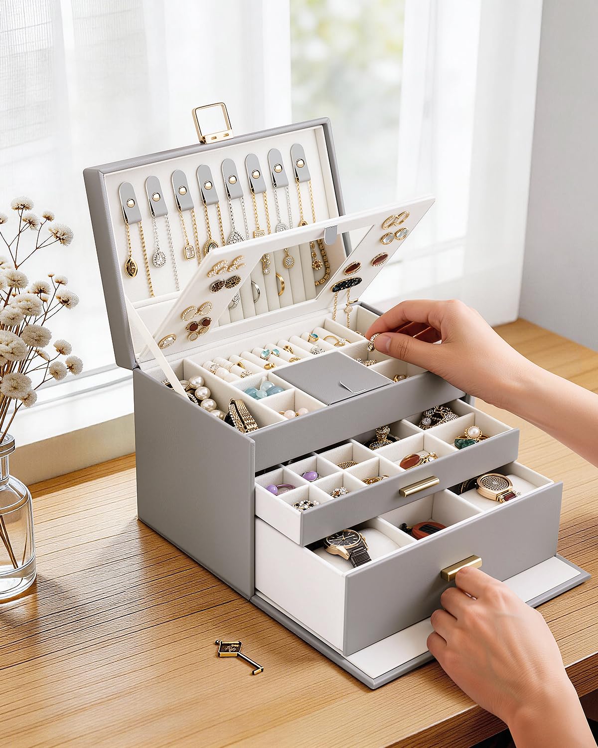 DesignSter Joyero con 2 cajones, organizador de joyas con cerradura de 3 capas con espejo, estuche grande de cuero para guardar joyas, pendientes, collares, anillos, pulseras, color gris