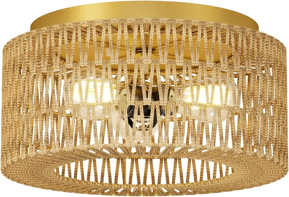 ROOMTEC 12.4" Rattan Flush Mount Ceiling Light, 3-Light Ceiling Fixture with Bulbs Included, Boho Woven Natural Fiber Dining Room Light for Bedroom Living Room Kitchen