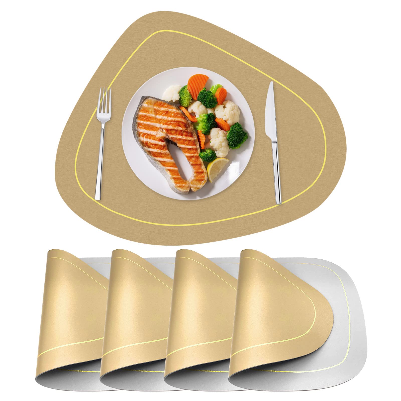 Photo 1 of ANUNU Placemats Set of 4 for Dining Table, Double Sided Color Faux Leather Placemats for Round Table Mats Stain Heat Resistant Non Slip Washable Kitchen Parties Wedding Table Mats (Gold and Grey)