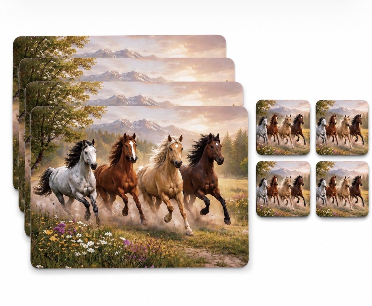 Sets of 4 Placemats with 4 Matching Coasters (Galloping Horses Table Mat and Coaster Set)