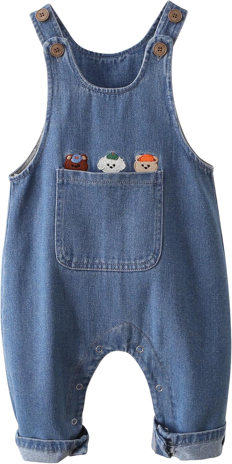 Happy Cherry Baby Girls Overalls Little Kids Sleeveless Cotton Button Suspender Pants One Piece Soft Bodysuit
