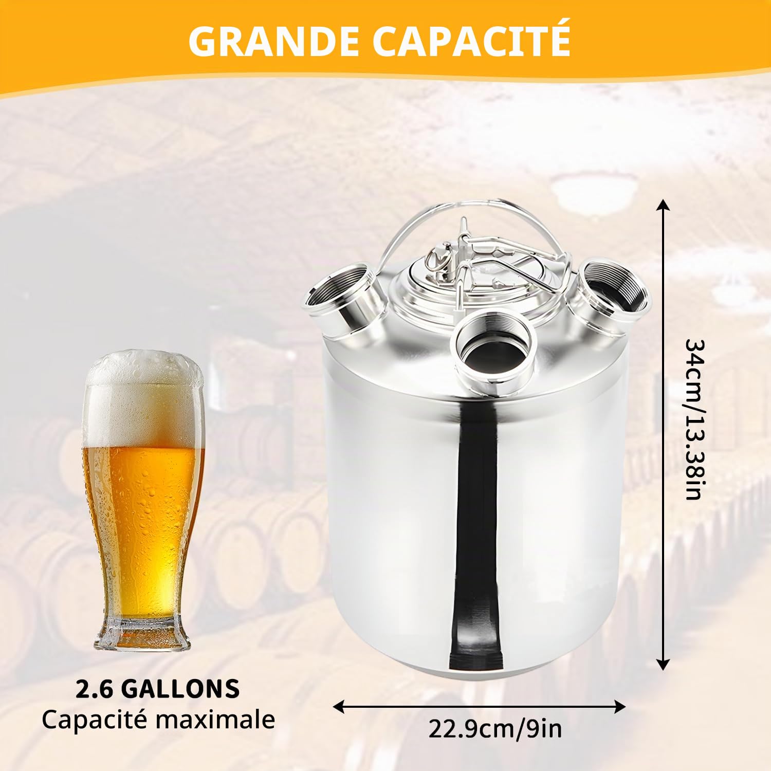 Fût Nettoyage Bière Inox 10L, Récipient 3 Têtes avec Couvercle - Type A/S | Récipient nettoyage fût inox 10L, Couvercle 3 têtes compatible lances Type A et S. Pour brassage amateur, bar, hôtel