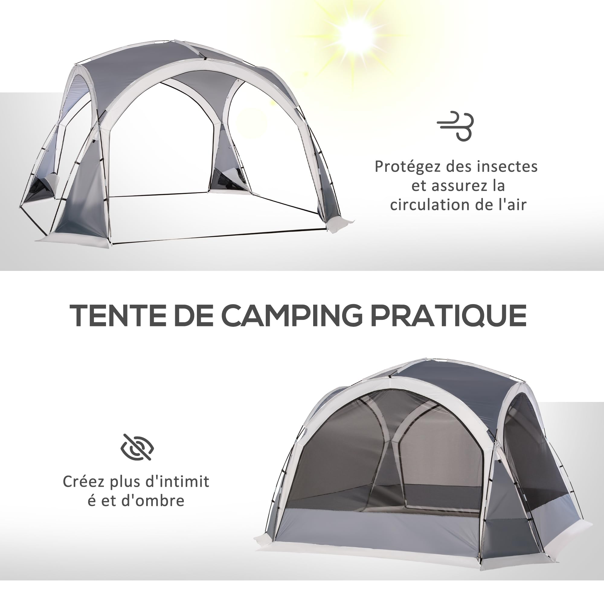 Outsunny Tente de Camping dôme familiale pour 6-8 Personnes avec 4 Portes en Filet zippées, Tissu Oxford Amovible, Crochet pour Lampe, Sac de Transport dim. 350L x 350l x 230H cm - Blanc et Gris