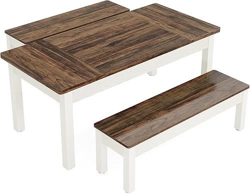 Miniatura 9 de Tribesigns Juego de mesa de cocina de 55 pulgadas para 4-6 personas, mesa de comedor de granja que ahorra espacio con 2 bancos, juego de comedor de