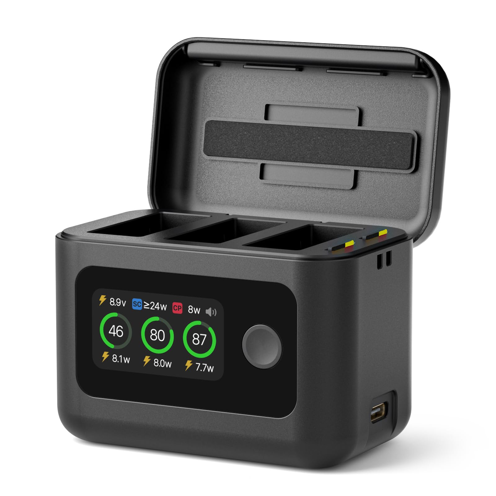 SYMIK Cargador para GoPro Hero 13, Mission 1 & Pro, 27W Triple Slot Carga Rápida con LCD, Hub Inteligente Bidireccional para Accesorios GoPro Hero 13 Mission 1 Pro
