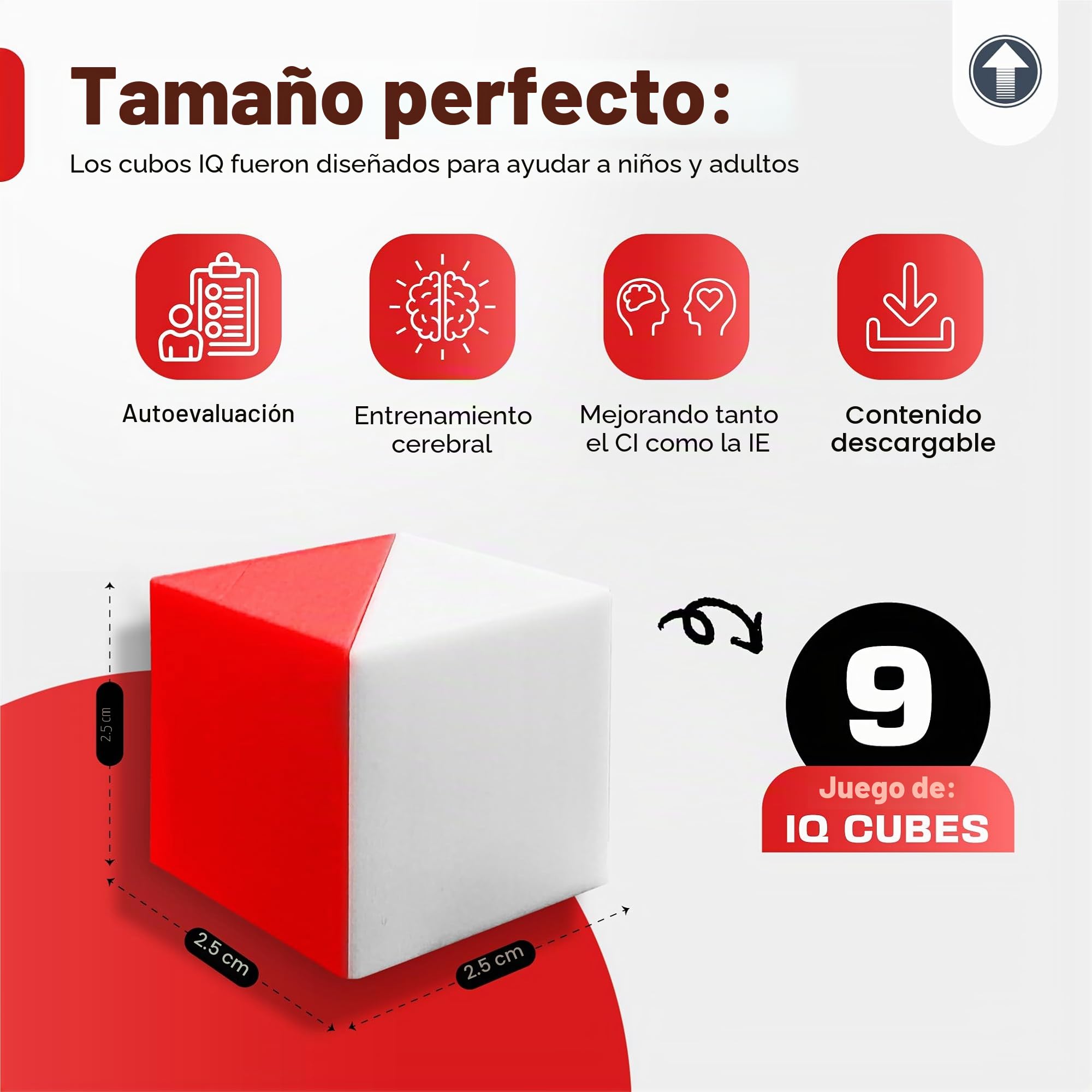 PrfcNL Cubos de prueba (rojo y blanco) - Estudio para pruebas de diseño de bloques, prueba de razonamiento espacial cognitivo, 9 cubos de Kohs, preparación de pruebas WAIS y Wisc, 1002IQBOX