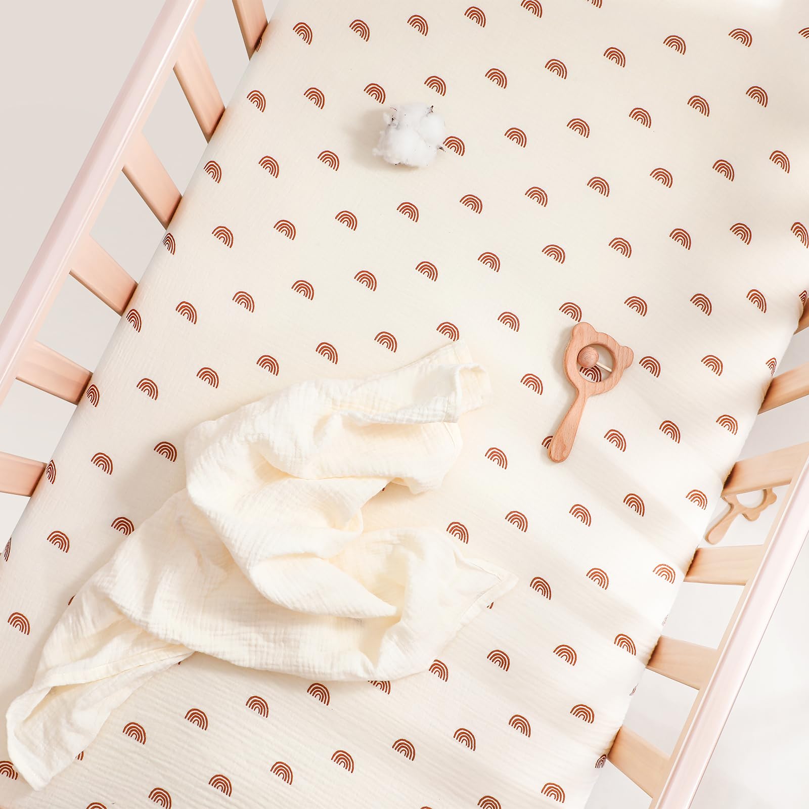Drap Housse 70x140 cm, Mousseline de Coton Drap Housse Lit Bebe, Protege Matelas Bebe Doux et Respirant pour Lits Bébé, Lit de Voyage et Lit D'appoint, Lot de 2 (Arc-en-Ciel)