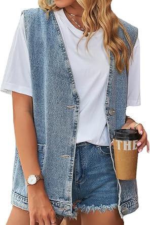 Womens Sleeveless Denim Vest Oversize Button Down Ripped Waistcoat Jacket