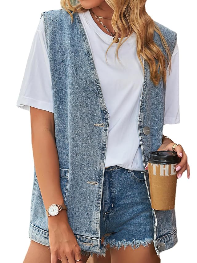 Womens Sleeveless Denim Vest Oversize Button Down Ripped Waistcoat Jacket