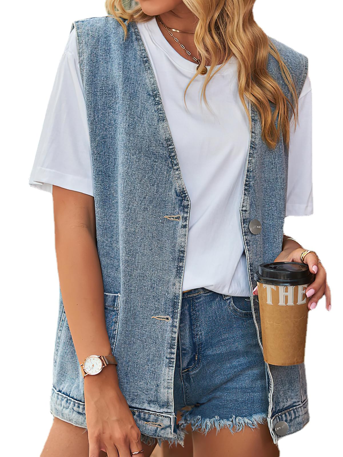 Womens Sleeveless Denim Vest Oversize Button Down Ripped Waistcoat Jacket