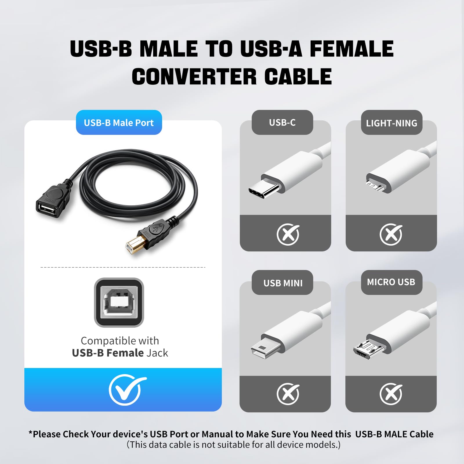Herfair Câble convertisseur USB 2.0 A femelle vers B mâle pour imprimante USB de type A vers type B, 1,8 m