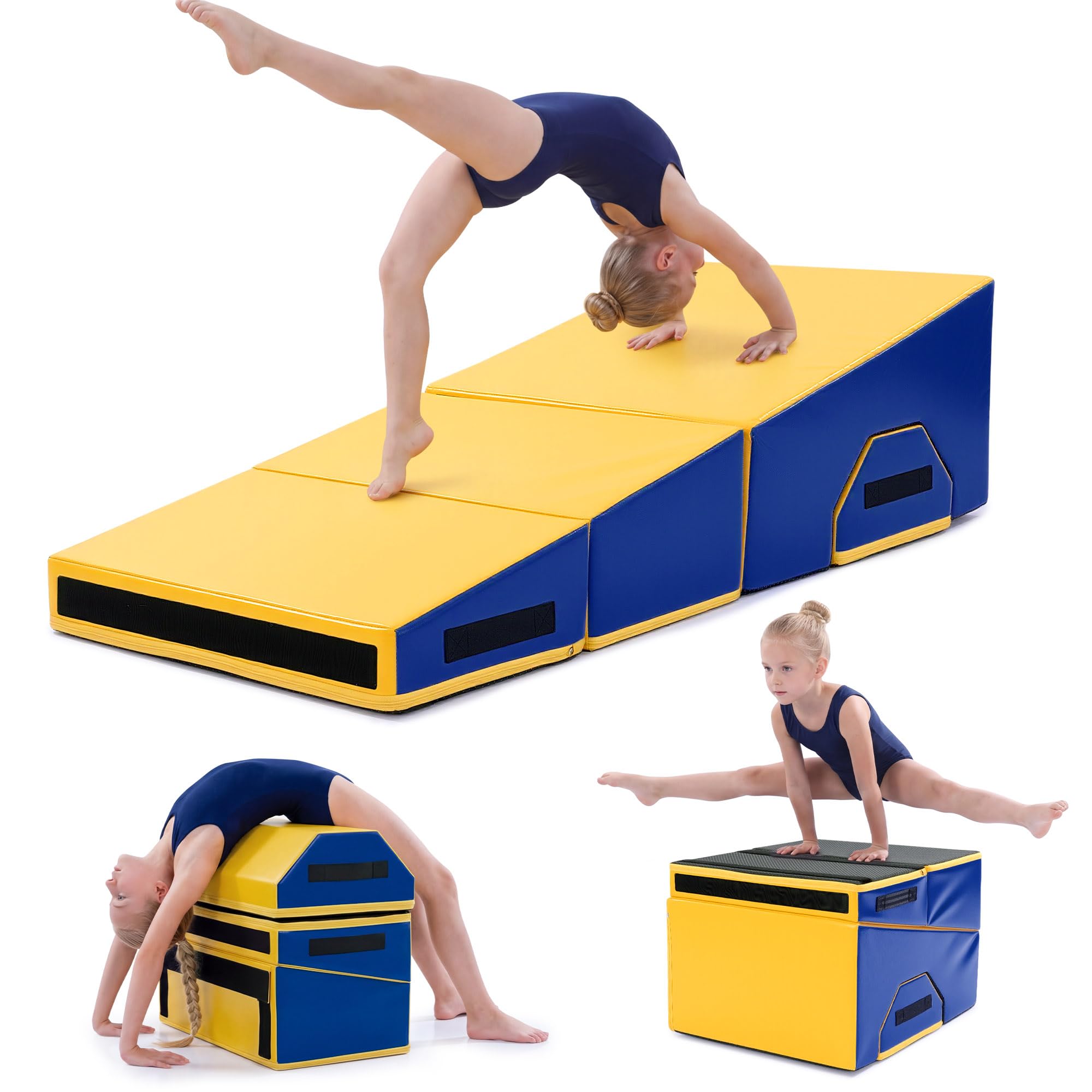 Photo 1 of ****NOT COMPLETE SET*** MABOZOO Folding Gymnastics Incline Mat, High Density Foam Cheese Wedge Mat for Kids Tumbling & Home Gym, Non-Slip Folding Skill Trainer for Gymnastics, Stretching, Martial Arts (Yellow & Blue)