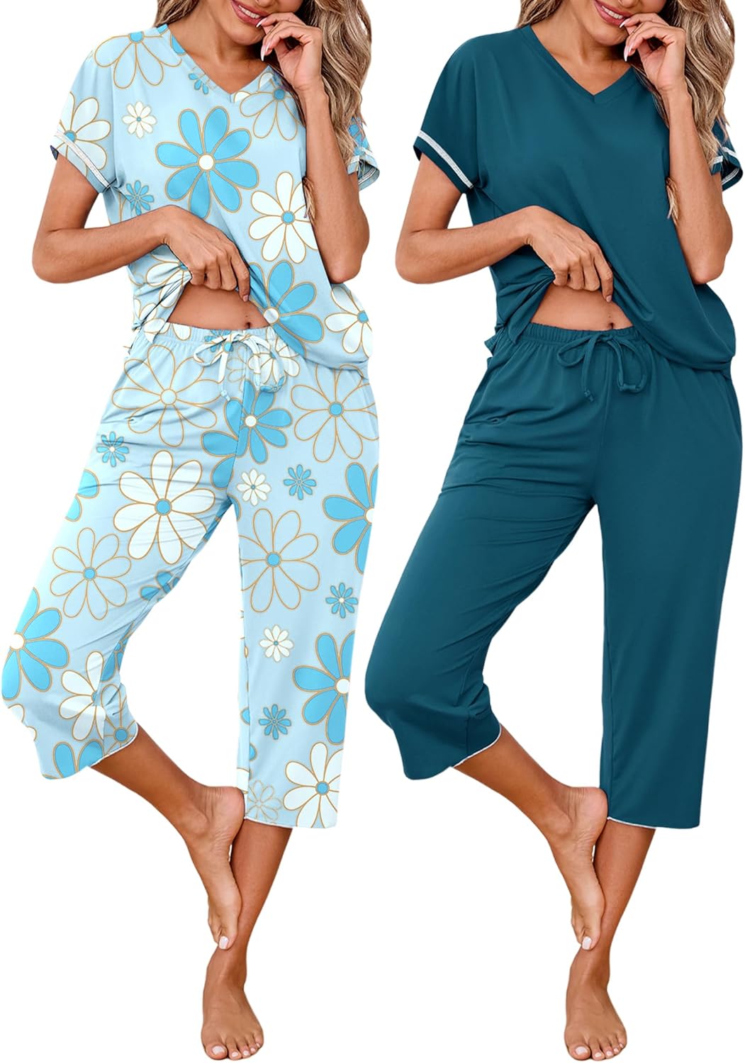 Marvmys Womens 2 Pack Pajama Sets Short Sleeve Pajamas Tops and Capri Pants Pjs Print Lounge Sets with Pockets S-3XL