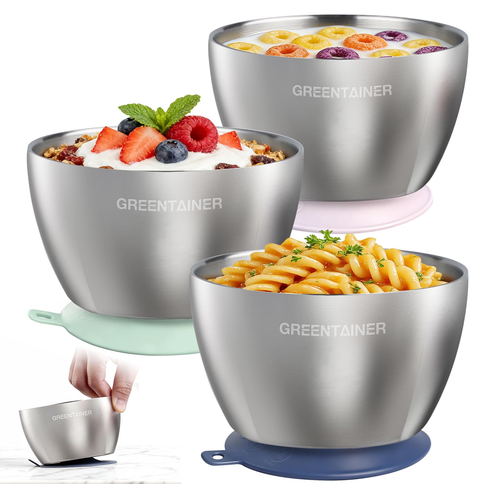Greentainer 304 Stainless Steel Baby Bowl Set, Double-Wall Insulated & Unbreakable Toddler Bowls with Removable Silicone Suction Base, BPA-Free, Dishwasher Safe for Infant 6+ Months (Mixing)